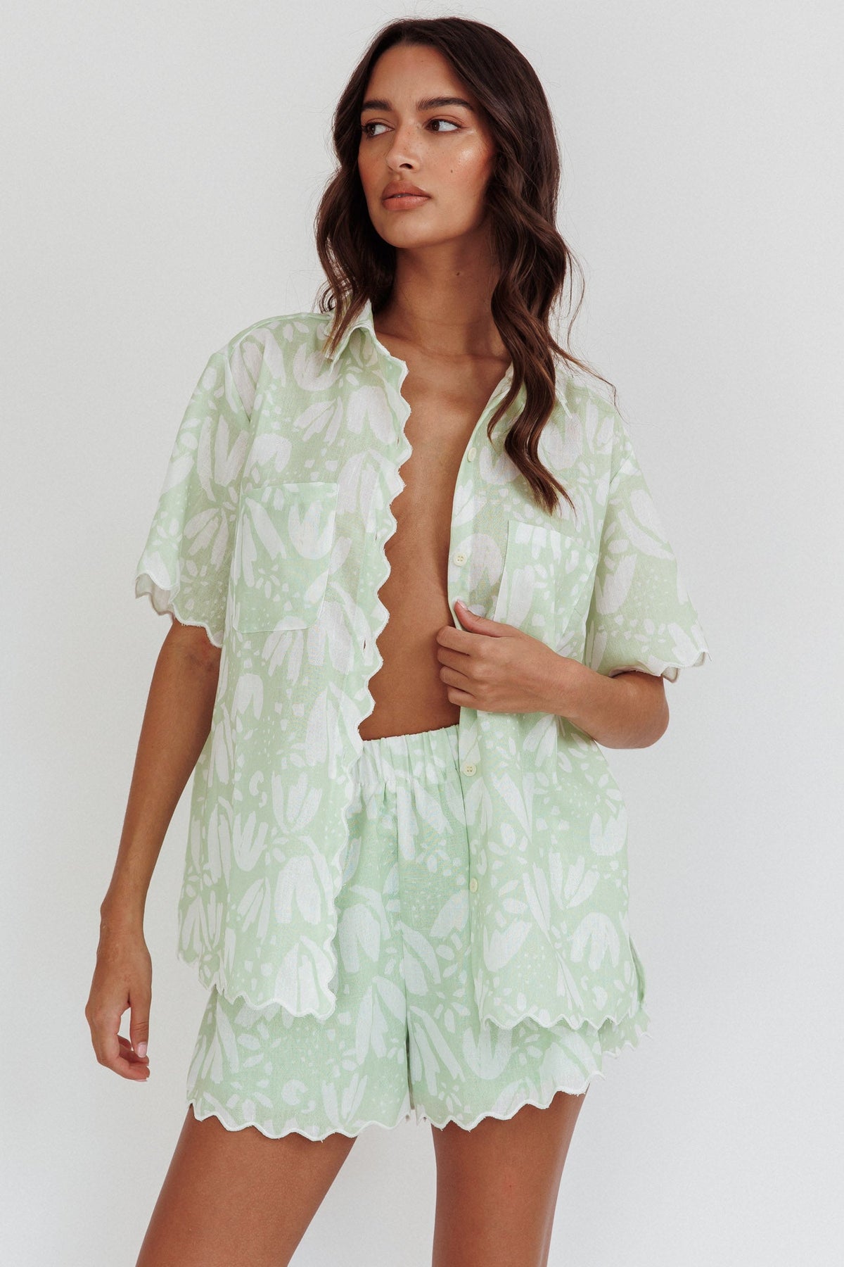Swing Of Things Scalloped Elastic Waist Shorts Print Sage