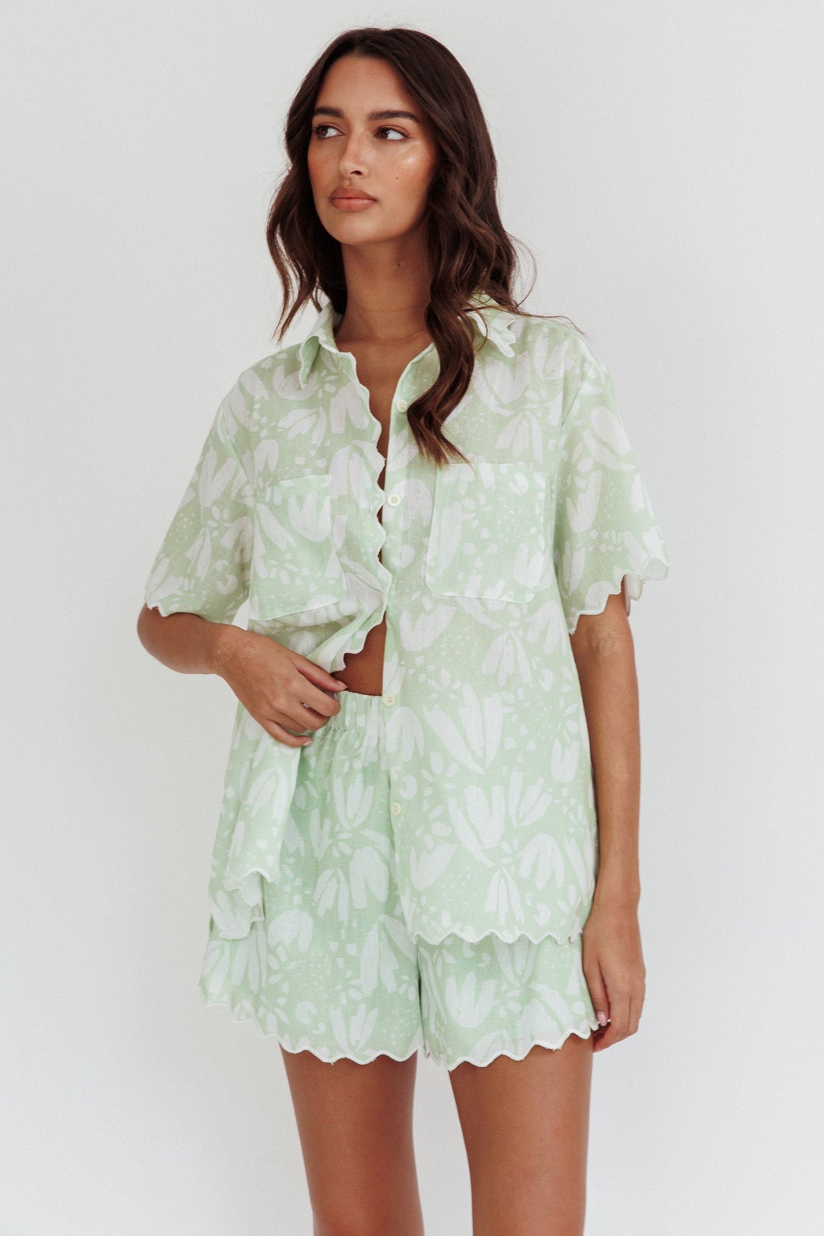 Swing Of Things Scalloped Edge Shirt Print Sage