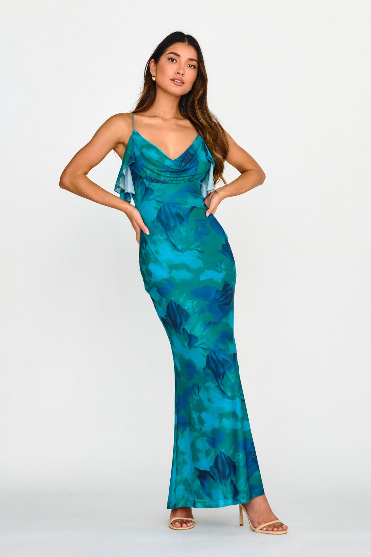 Jannie Draped Neckline Cami Dress Abstract Green