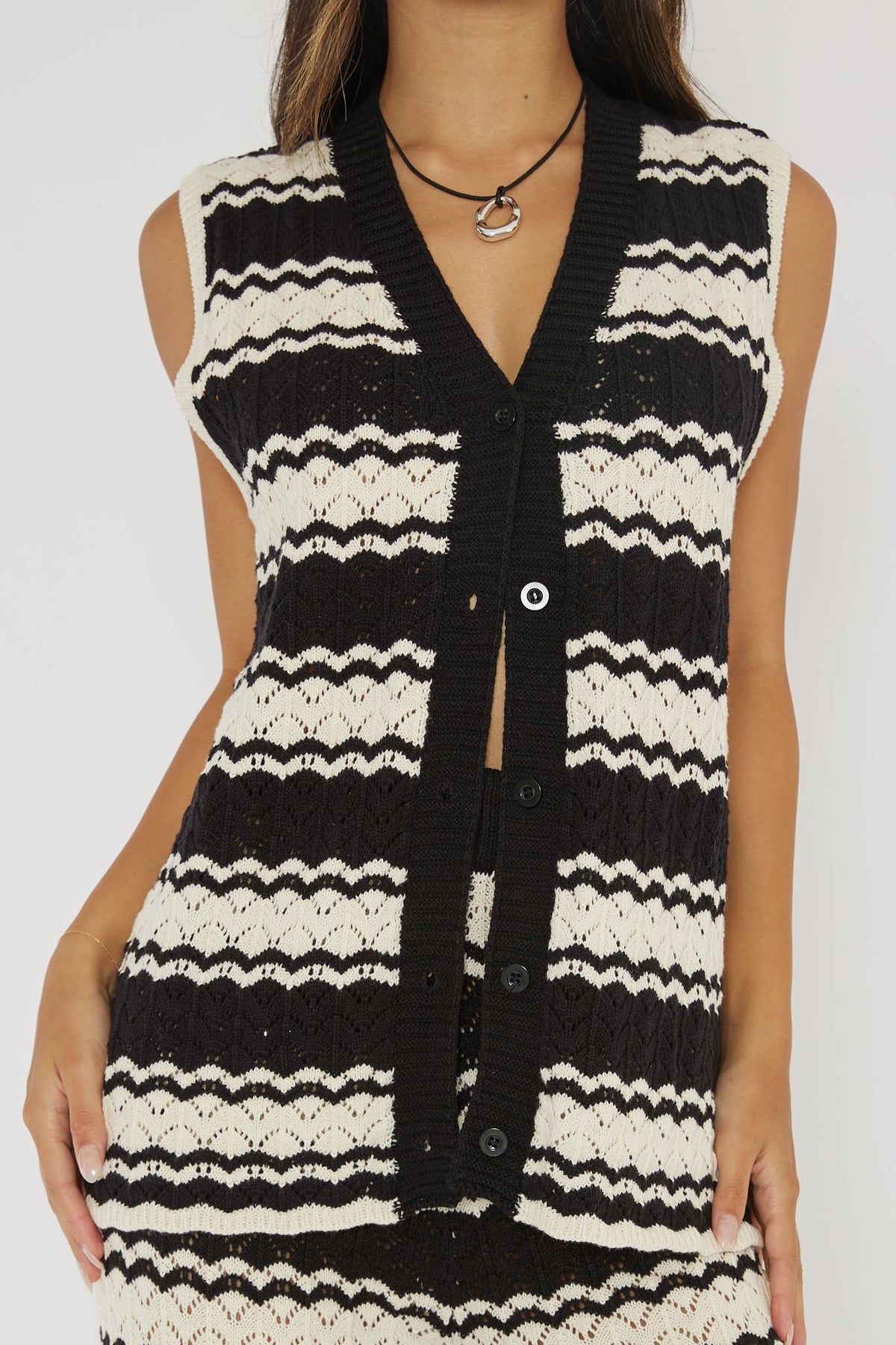 Maysah Button-Up Crochet Top Black/White