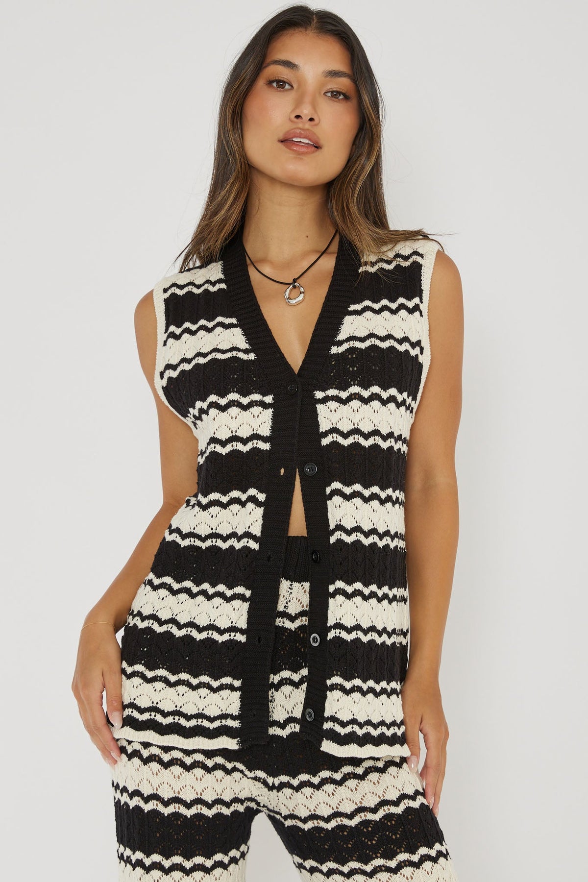 Maysah Button-Up Crochet Top Black/White
