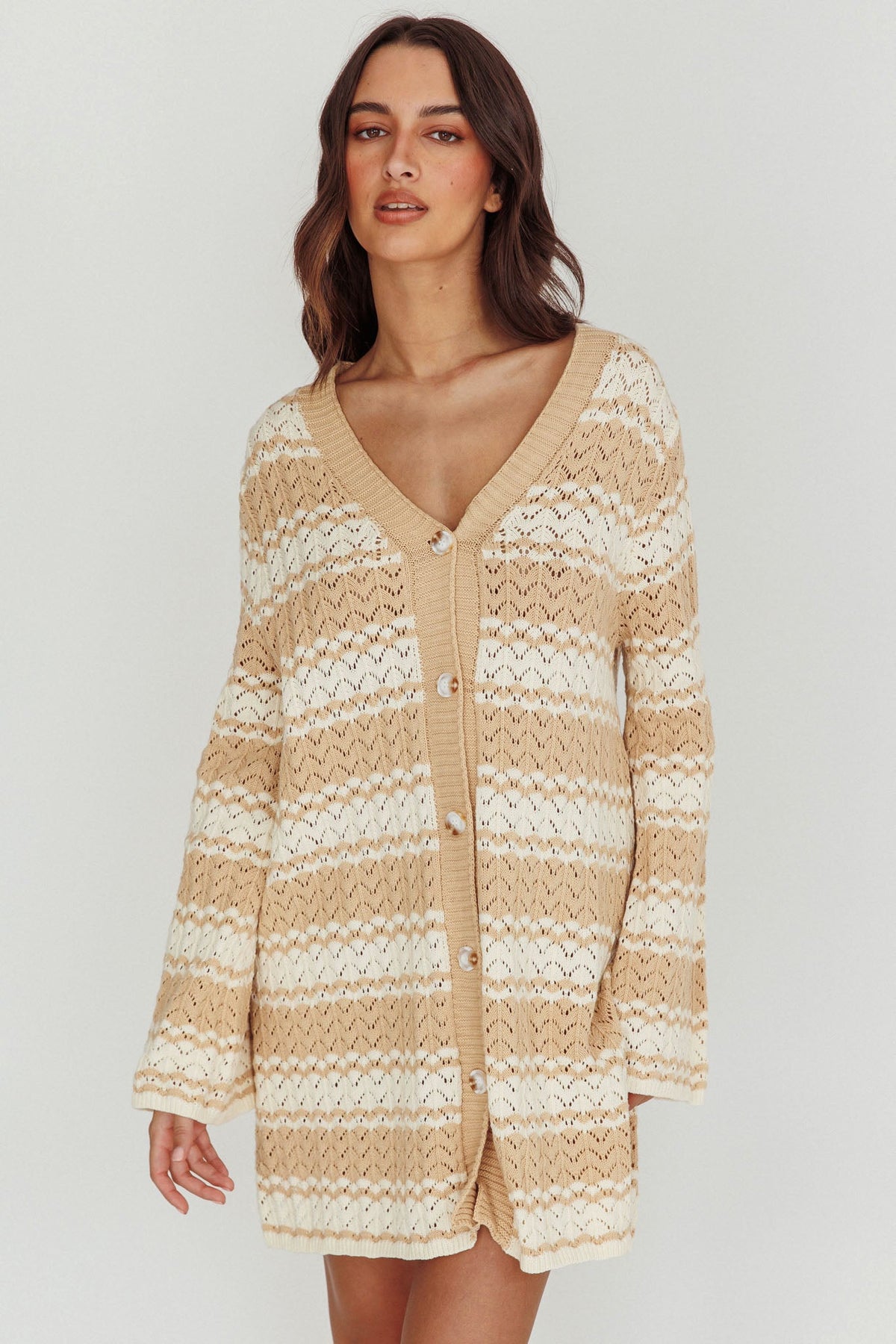 Maysah Button-Up Knit Shirt Dress Nude Ivory
