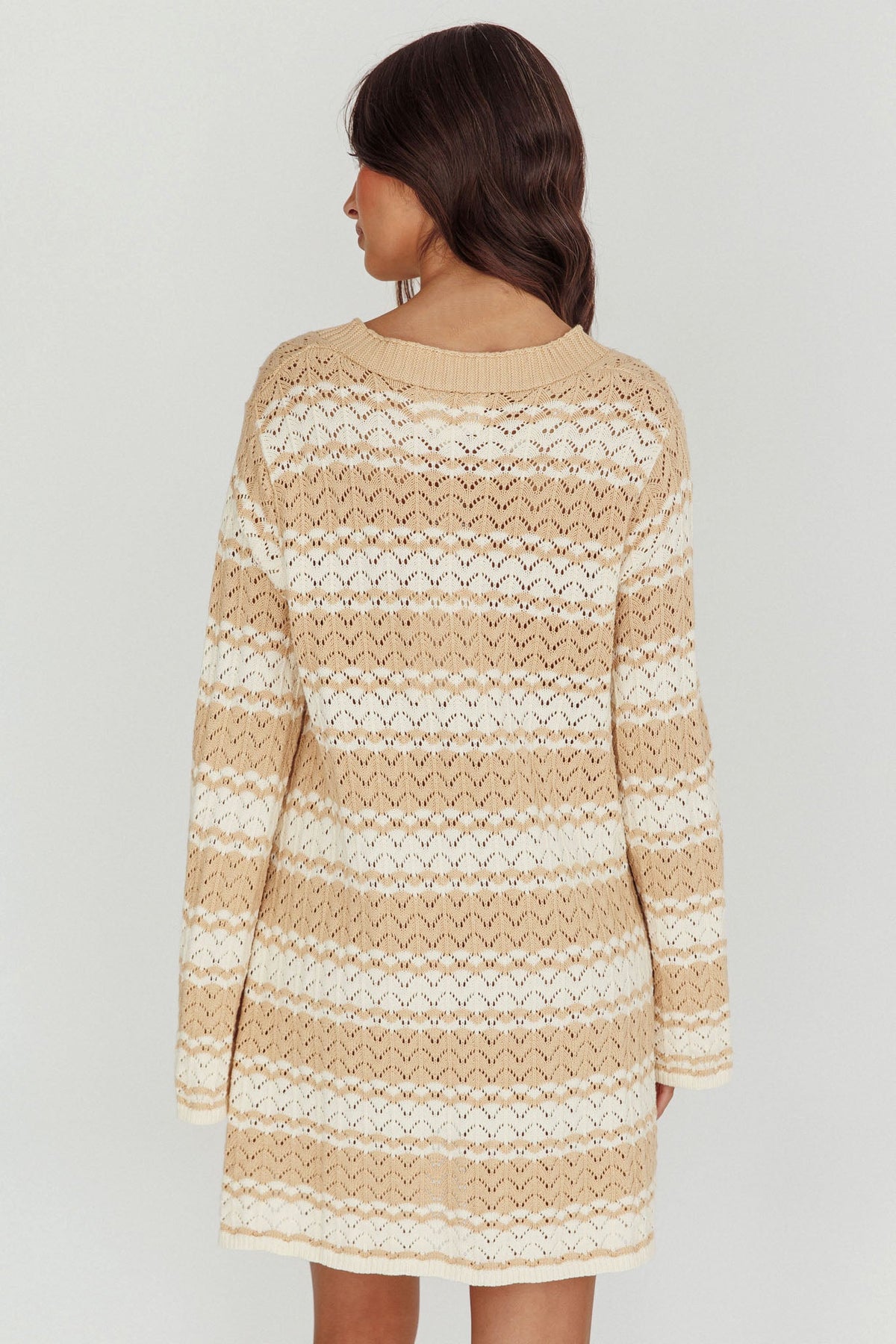 Maysah Button-Up Knit Shirt Dress Nude Ivory