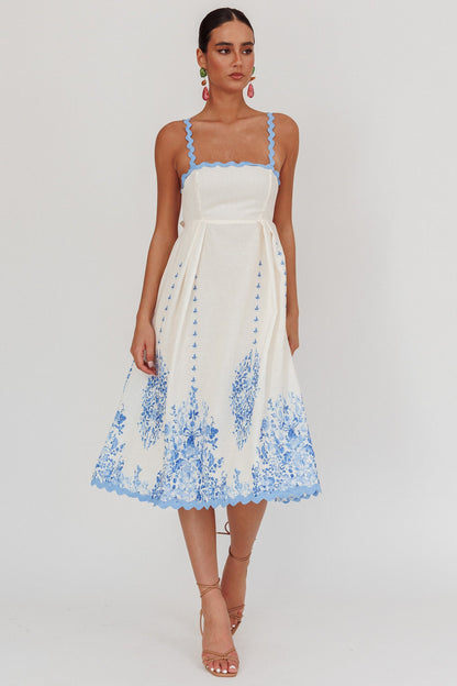 Asami Floral Print Ric Rac Trim Midi Dress Blue