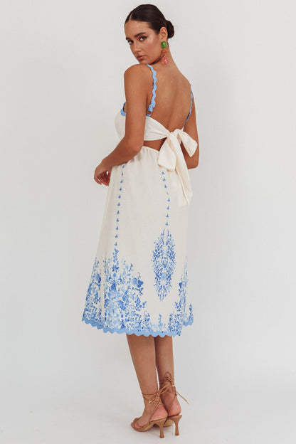 Asami Floral Print Ric Rac Trim Midi Dress Blue