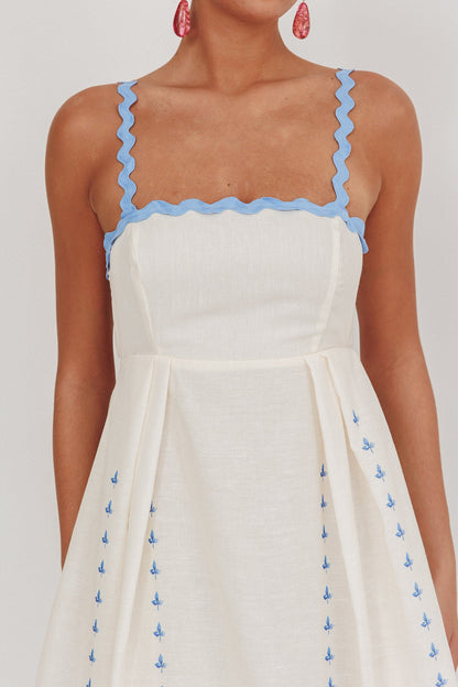Asami Floral Print Ric Rac Trim Midi Dress Blue