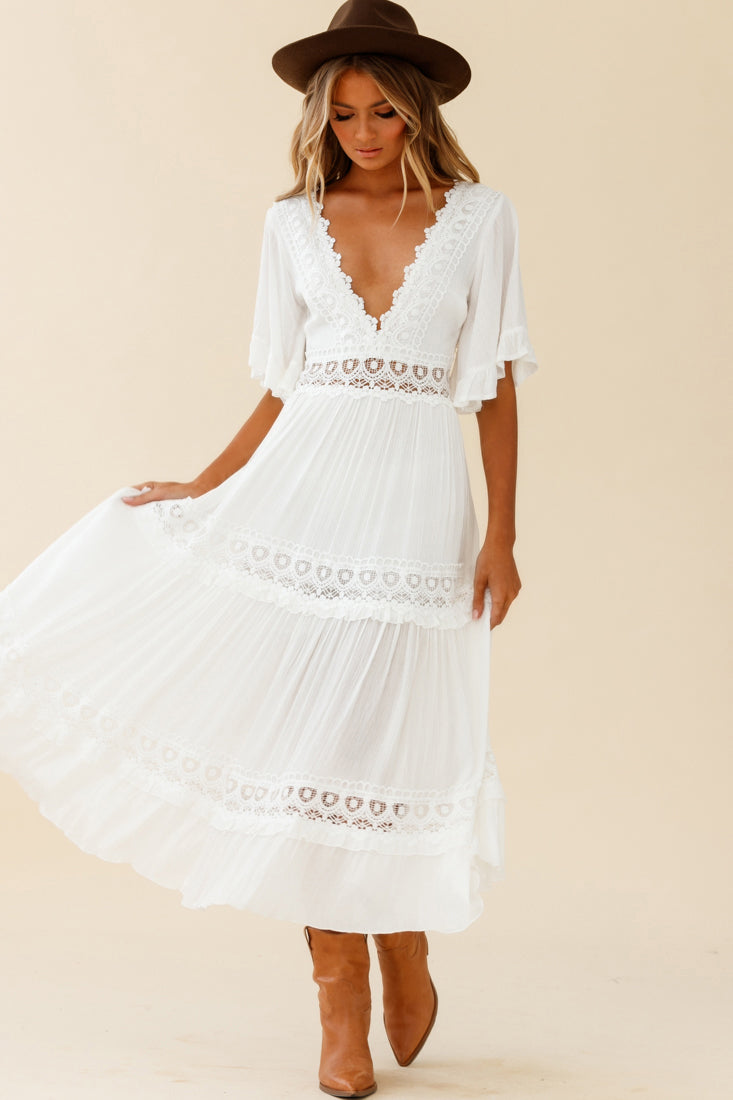 Indio Crochet Insert Deep V-Neckline Angel Sleeve Maxi Dress White