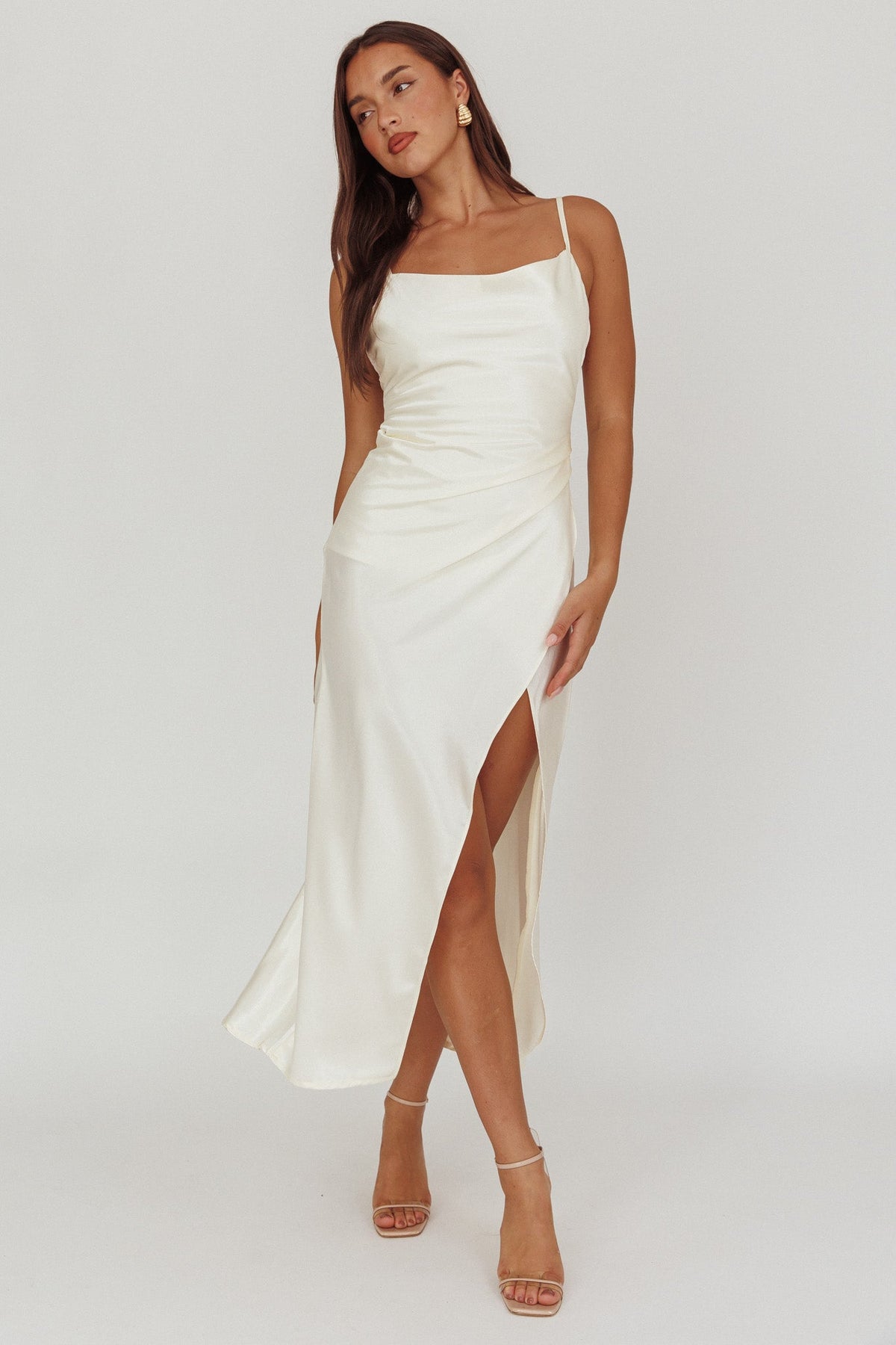 Hey Girl Long Satin Cowl Neck Dress Champagne