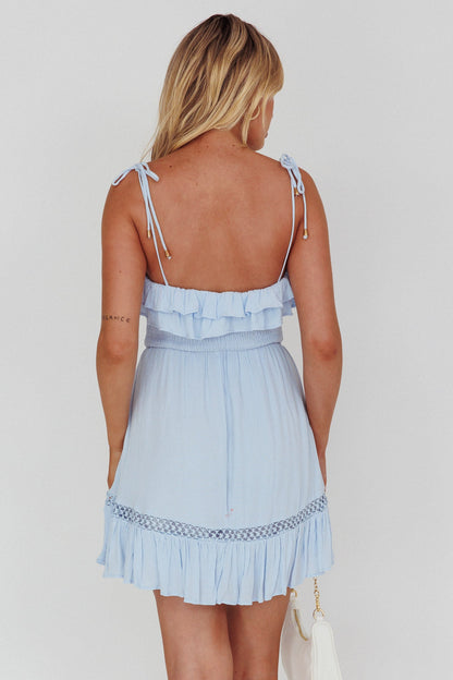 Daydream Shirred Bust Frill Trim Mini Dress Ice Blue