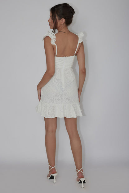 Kianna Ruffle Strap Lace Mini Dress White