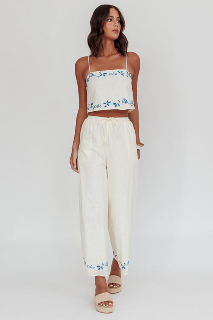 Sorrento Summer Embroidered Wide-Leg Pants Beige