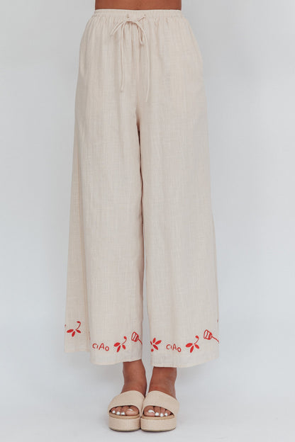 Sorrento Summer Embroidered Wide-Leg Pants Oat