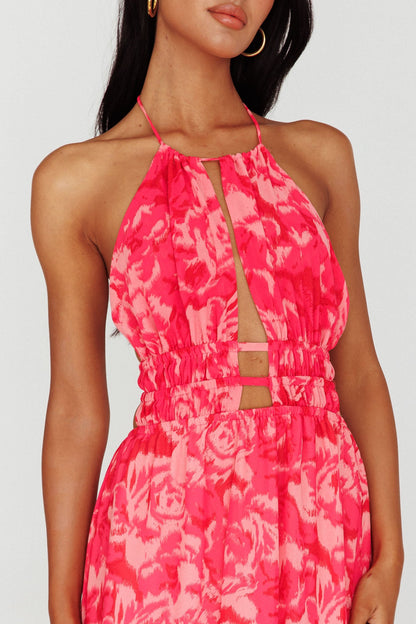 Cyndi Open Back Halterneck Maxi Dress Floral Pink