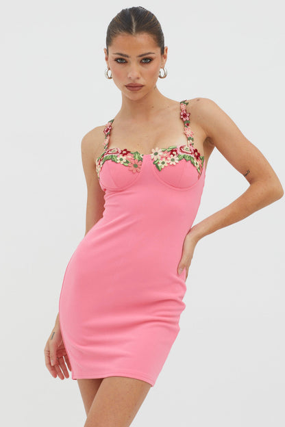 Rose Garden Floral Applique Bodycon Mini Dress Hot Pink