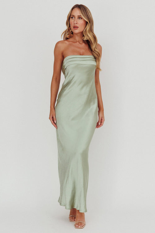 Kona Strapless Pleated Bust Satin Maxi Dress Sage