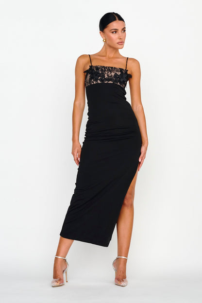 Misha Embellished Bust Midi Dress Black
