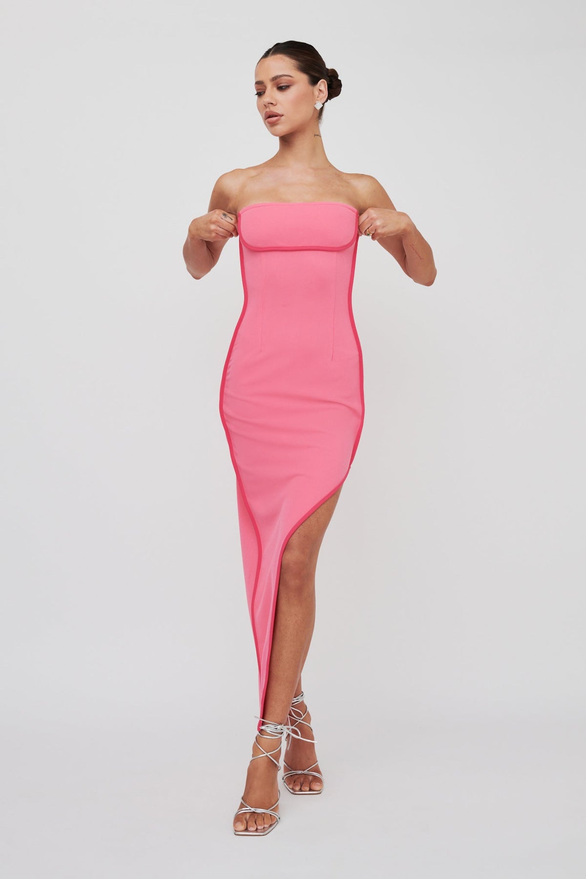 October Strapless Piping Midi Dress Hot Pink