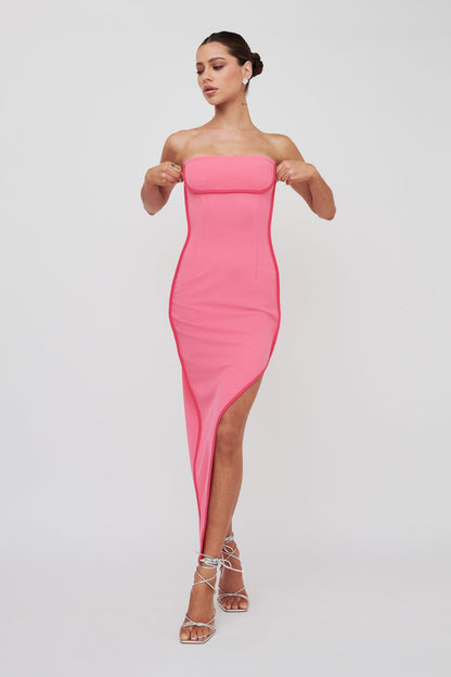 October Strapless Piping Midi Dress Hot Pink