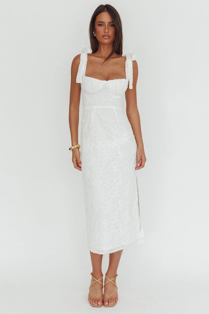 Cupid Tied Shoulder Embellished Midi Dress White