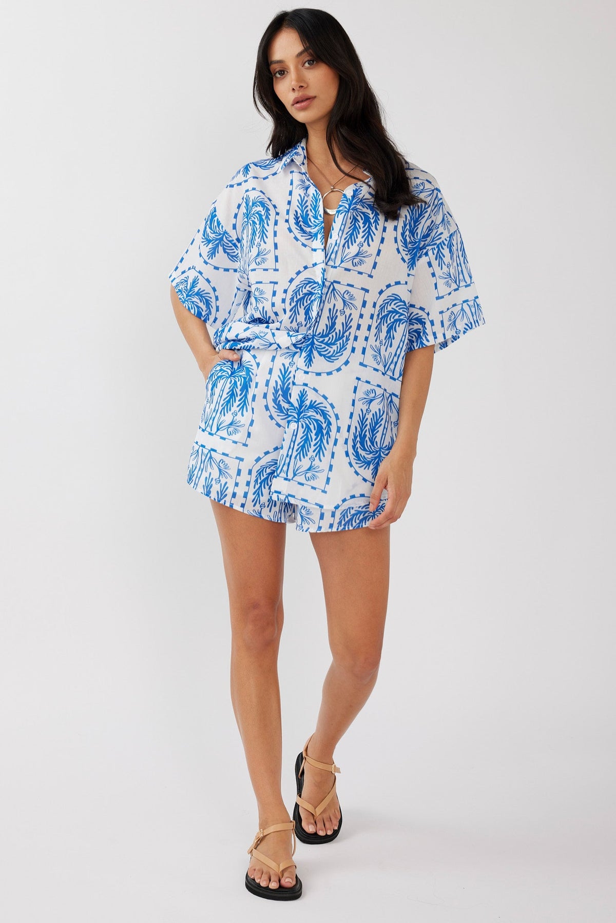 Cora Elastic Waist Shorts Print Blue White