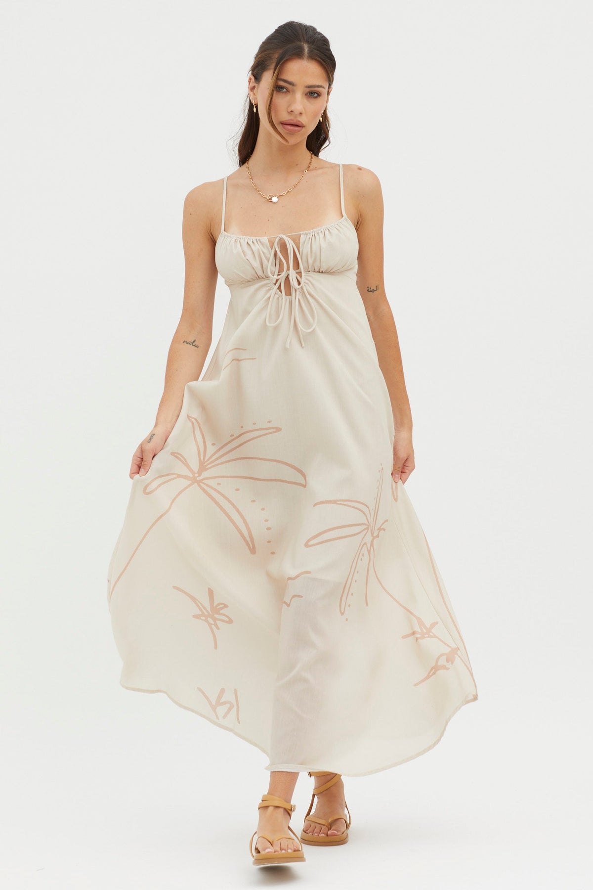 Yuki Tied Bust Midi Dress Sand