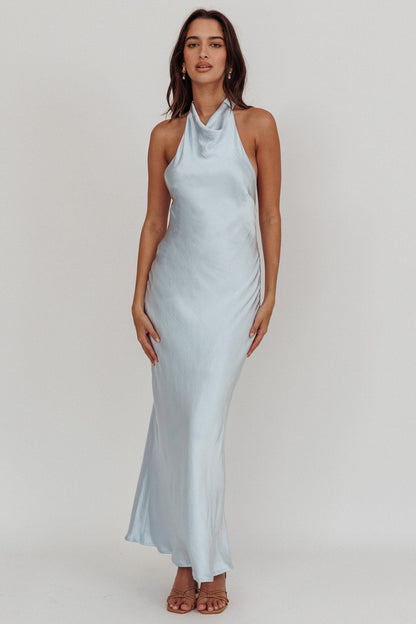 Sweetest Sundays Halterneck Open Back Dress Soft Blue