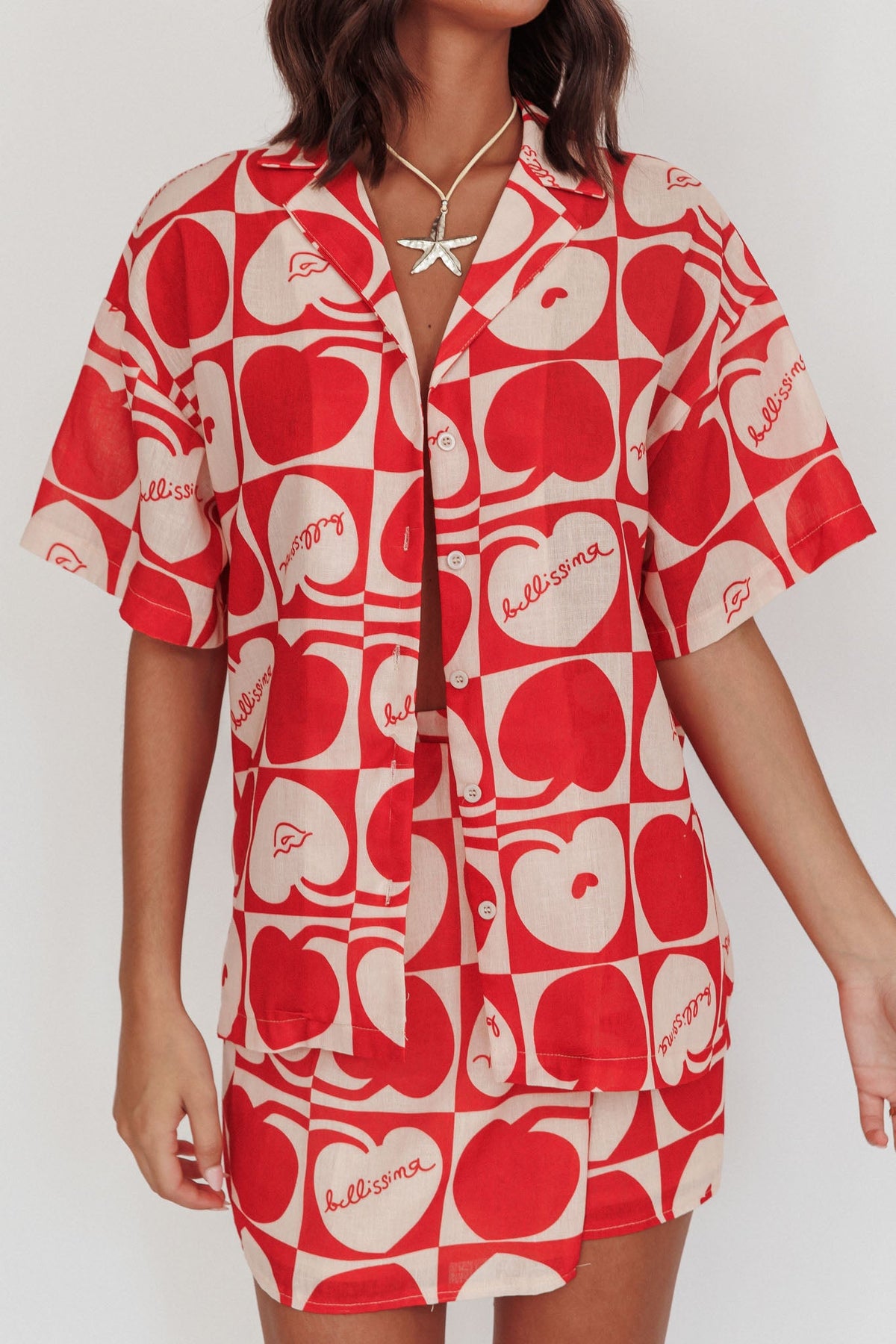 Ithaca Cherry Print Short Sleeve Shirt Red Beige