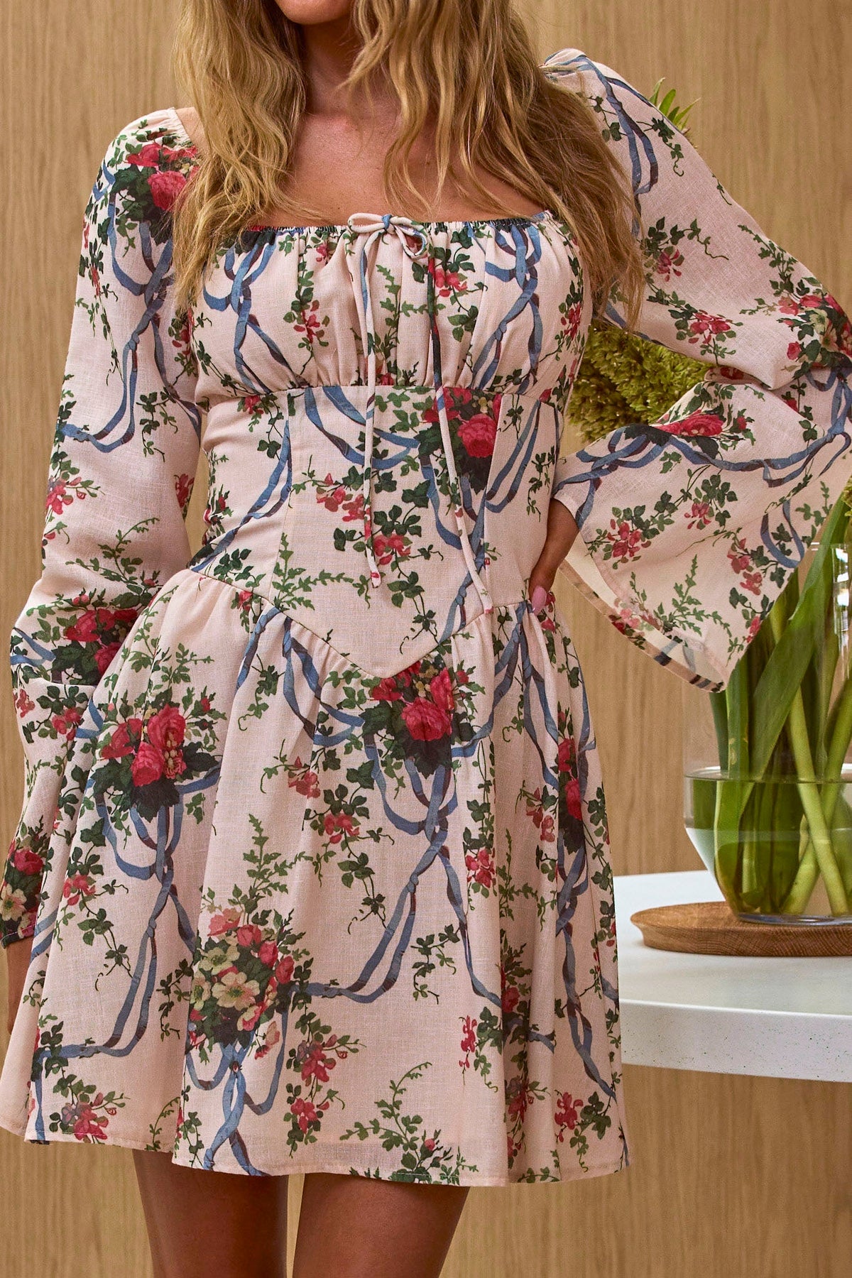 Emmy Gathered Bust Mini Dress Floral Pink
