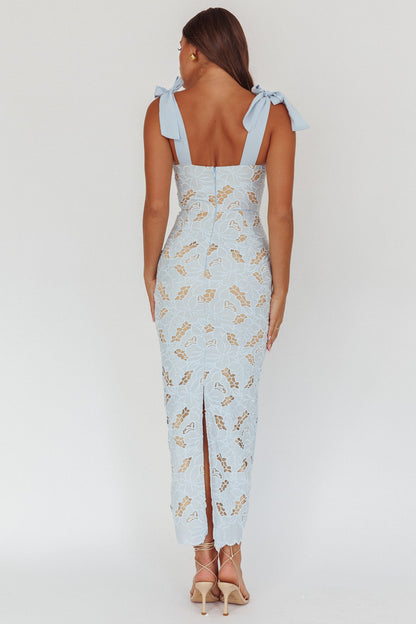 Coastal Bloom Tied Shoulder Maxi Dress Embroidered Baby Blue