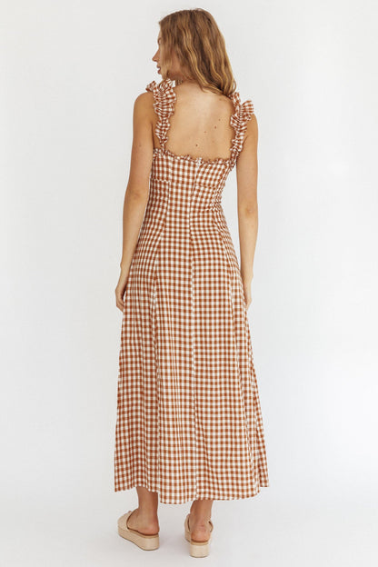Warrior Sun Frill Strap Maxi Dress Tan Check