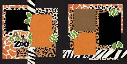 Two-page A Day At The Zoo scrapbook layout featuring black orange brown cream and green palette, giraffe print patterned paper, leopard print paper, zebra stripe borders, dalmatian spot pattern, black textured background, green leafy die cuts, a day at the zoo title. Designed for Zoo Trip Memories, Zoo Scrapbook Page Kit, layered animal print photo mats, scalloped black photo frames, safari inspired paper blocks, two page zoo layout.
