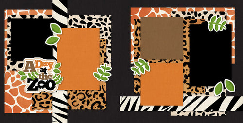 Two-page A Day At The Zoo scrapbook layout featuring black orange brown cream and green palette, giraffe print patterned paper, leopard print paper, zebra stripe borders, dalmatian spot pattern, black textured background, green leafy die cuts, a day at the zoo title. Designed for Zoo Trip Memories, Zoo Scrapbook Page Kit, layered animal print photo mats, scalloped black photo frames, safari inspired paper blocks, two page zoo layout.