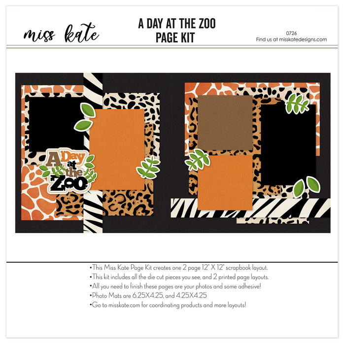 A Day At The Zoo 12x12 scrapbook page kit shown with giraffe print patterned paper, leopard print paper, zebra stripe borders, dalmatian spot pattern, black textured background, green leafy die cuts, a day at the zoo title, layered animal print photo mats. Designed for Zoo Scrapbook Page Kit, Animal Print Scrapbook Layout, scalloped black photo frames, safari inspired paper blocks, two page zoo layout, black orange brown cream and green palette.