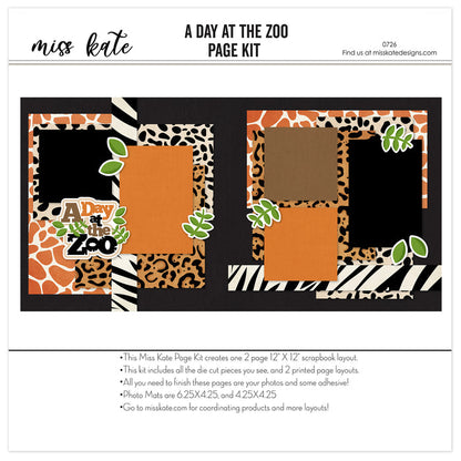 A Day At The Zoo 12x12 scrapbook page kit shown with giraffe print patterned paper, leopard print paper, zebra stripe borders, dalmatian spot pattern, black textured background, green leafy die cuts, a day at the zoo title, layered animal print photo mats. Designed for Zoo Scrapbook Page Kit, Animal Print Scrapbook Layout, scalloped black photo frames, safari inspired paper blocks, two page zoo layout, black orange brown cream and green palette.