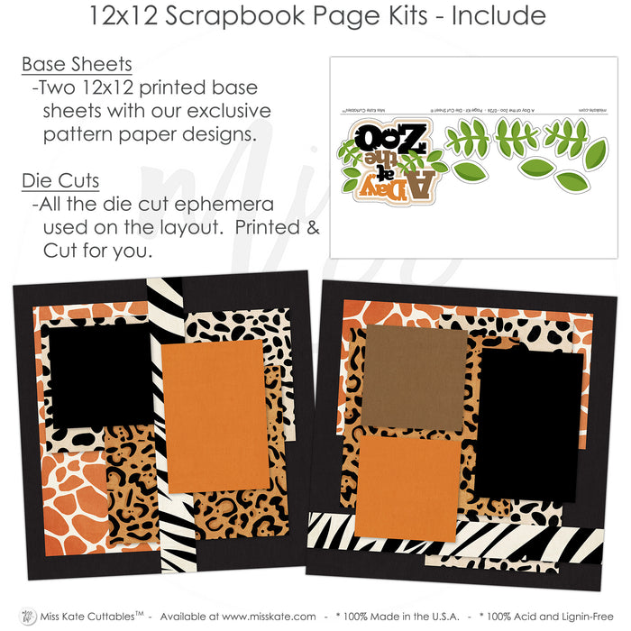 Detailed A Day At The Zoo scrapbook design featuring zebra stripe borders, dalmatian spot pattern, black textured background, green leafy die cuts, a day at the zoo title, layered animal print photo mats, scalloped black photo frames, safari inspired paper blocks. Designed for Family Zoo Trip Scrapbook, Kids Zoo Memory Pages, two page zoo layout, black orange brown cream and green palette, giraffe print patterned paper, leopard print paper.