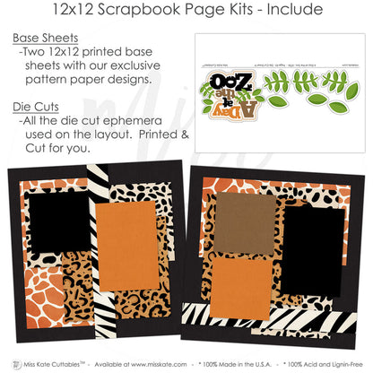 Detailed A Day At The Zoo scrapbook design featuring zebra stripe borders, dalmatian spot pattern, black textured background, green leafy die cuts, a day at the zoo title, layered animal print photo mats, scalloped black photo frames, safari inspired paper blocks. Designed for Family Zoo Trip Scrapbook, Kids Zoo Memory Pages, two page zoo layout, black orange brown cream and green palette, giraffe print patterned paper, leopard print paper.