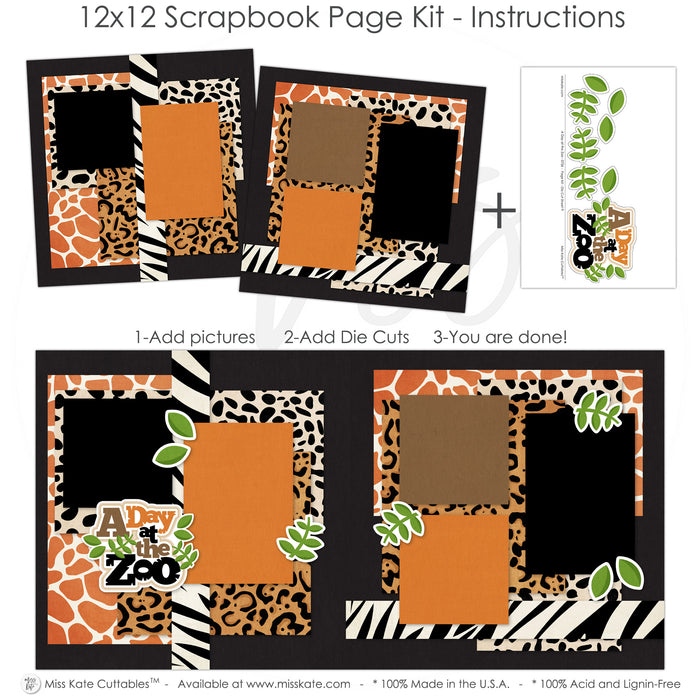 Finished A Day At The Zoo photo layout showing dalmatian spot pattern, black textured background, green leafy die cuts, a day at the zoo title, layered animal print photo mats, scalloped black photo frames, safari inspired paper blocks, two page zoo layout. Designed for Kids Zoo Memory Pages, Safari Scrapbook Paper Kit, black orange brown cream and green palette, giraffe print patterned paper, leopard print paper, zebra stripe borders.