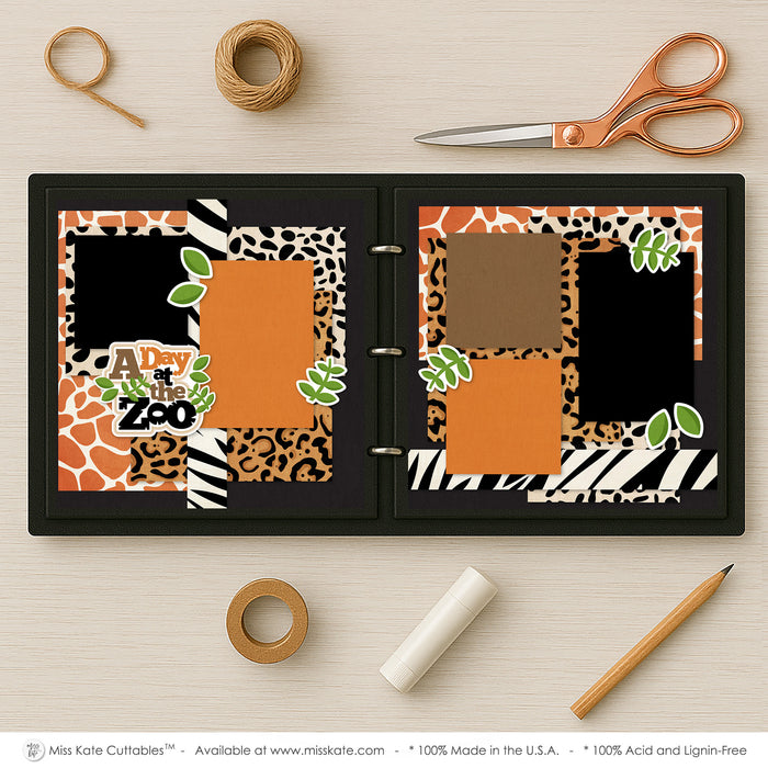 A Day At The Zoo scrapbook page kit artwork with black textured background, green leafy die cuts, a day at the zoo title, layered animal print photo mats, scalloped black photo frames, safari inspired paper blocks, two page zoo layout, black orange brown cream and green palette. Designed for Safari Scrapbook Paper Kit, Zoo Adventure Photo Layout, giraffe print patterned paper, leopard print paper, zebra stripe borders, dalmatian spot pattern.