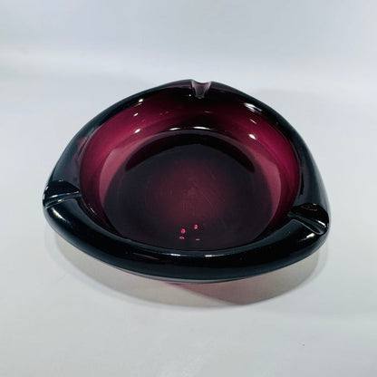 MCM Amethyst Glass Ashtray 8 Inch Heavy Art Glass Bowl Viking Style Purple Black 3 Rest Mid Century Modern