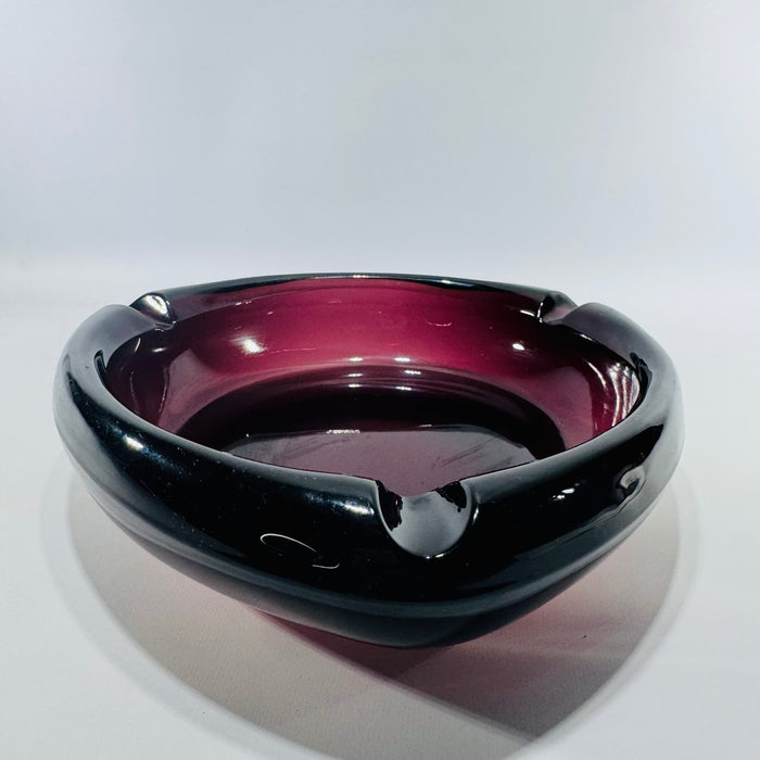 MCM Amethyst Glass Ashtray 8 Inch Heavy Art Glass Bowl Viking Style Purple Black 3 Rest Mid Century Modern