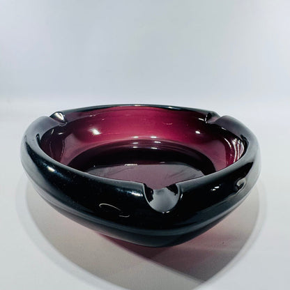 MCM Amethyst Glass Ashtray 8 Inch Heavy Art Glass Bowl Viking Style Purple Black 3 Rest Mid Century Modern