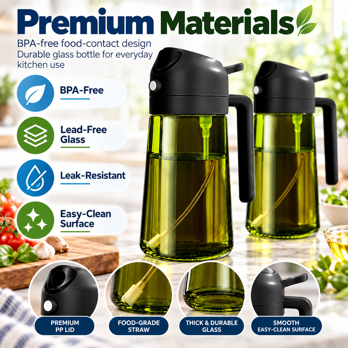 2-Pack 16oz Light-Blocking Dark Green Glass Oil Sprayer & Dispenser – 2-in-1 Refillable Food-Grade Mister with Precise Nozzle for Air Fryer, BBQ & Even Coating