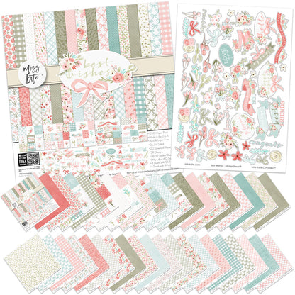 Best Wishes Paper & Sticker Kit, main product image, showing 12x12 scrapbook paper and coordinating stickers for scrapbook layouts, photo albums, memory keeping, cards, and paper crafts. Buyer theme: Friendship & Celebration Scrapbook Paper & Sticker Kit. 12x12 floral paper and sticker kit. Visible artwork includes watercolor roses, ribbon bows, wildflowers, leafy sprigs. Coordinating patterns include gingham, plaid, polka dots. Color palette includes Powder Aqua, Seafoam, Soft Teal