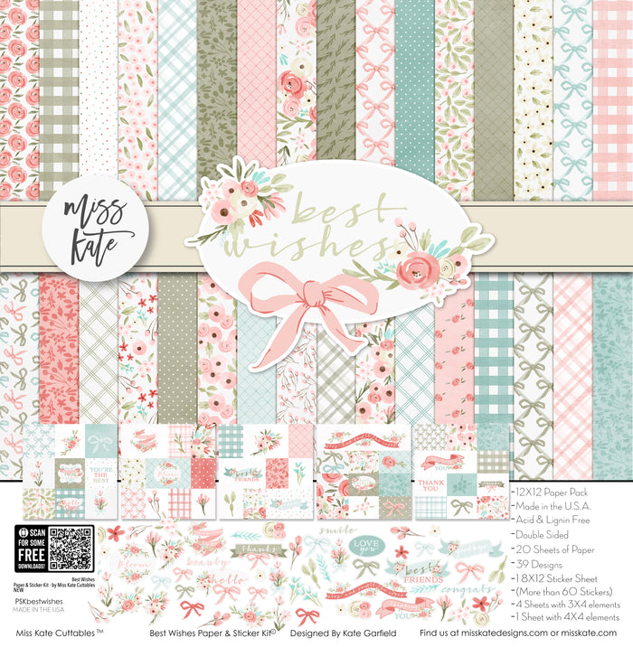 Best Wishes Paper & Sticker Kit, high resolution cover image, showing 12x12 scrapbook paper and coordinating stickers for scrapbook layouts, photo albums, memory keeping, cards, and paper crafts. Buyer theme: Friendship & Celebration Scrapbook Paper & Sticker Kit. 12x12 floral paper and sticker kit. Visible artwork includes ribbon bows, wildflowers, leafy sprigs, floral banners. Coordinating patterns include plaid, polka dots, floral toss. Designed for handmade cards, mini albums, junk journals