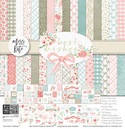 Best Wishes Paper & Sticker Kit, high resolution cover image, showing 12x12 scrapbook paper and coordinating stickers for scrapbook layouts, photo albums, memory keeping, cards, and paper crafts. Buyer theme: Friendship & Celebration Scrapbook Paper & Sticker Kit. 12x12 floral paper and sticker kit. Visible artwork includes ribbon bows, wildflowers, leafy sprigs, floral banners. Coordinating patterns include plaid, polka dots, floral toss. Designed for handmade cards, mini albums, junk journals