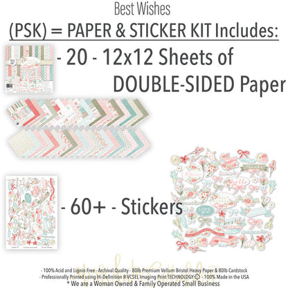 Best Wishes Paper & Sticker Kit, includes image, showing 12x12 scrapbook paper and coordinating stickers for scrapbook layouts, photo albums, memory keeping, cards, and paper crafts. Buyer theme: Friendship & Celebration Scrapbook Paper & Sticker Kit. 12x12 floral paper and sticker kit. Visible artwork includes wildflowers, leafy sprigs, floral banners, sentiment labels. Coordinating patterns include polka dots, floral toss, botanical print