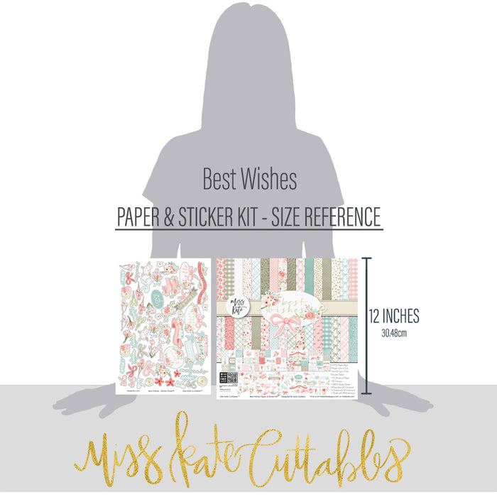 Best Wishes Paper & Sticker Kit, size guide image, showing 12x12 scrapbook paper and coordinating stickers for scrapbook layouts, photo albums, memory keeping, cards, and paper crafts. Buyer theme: Friendship & Celebration Scrapbook Paper & Sticker Kit. 12x12 floral paper and sticker kit. Visible artwork includes leafy sprigs, floral banners, sentiment labels, watercolor roses. Coordinating patterns include floral toss, botanical print, diamond lattice