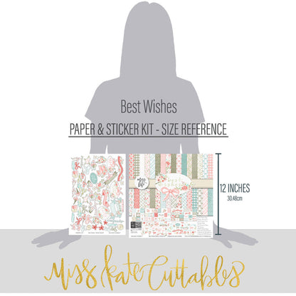 Best Wishes Paper & Sticker Kit, size guide image, showing 12x12 scrapbook paper and coordinating stickers for scrapbook layouts, photo albums, memory keeping, cards, and paper crafts. Buyer theme: Friendship & Celebration Scrapbook Paper & Sticker Kit. 12x12 floral paper and sticker kit. Visible artwork includes leafy sprigs, floral banners, sentiment labels, watercolor roses. Coordinating patterns include floral toss, botanical print, diamond lattice