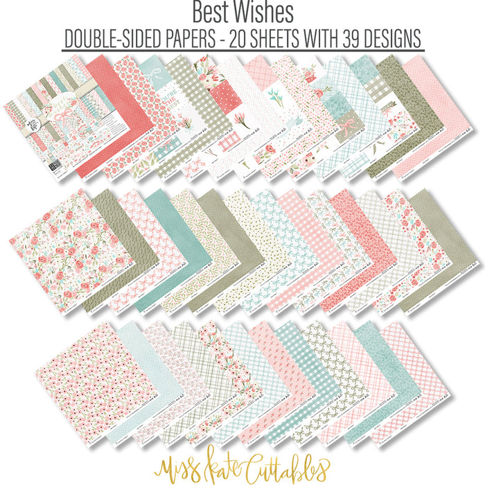 Best Wishes Paper & Sticker Kit, paper and sticker kit spread out image, showing 12x12 scrapbook paper and coordinating stickers for scrapbook layouts, photo albums, memory keeping, cards, and paper crafts. Buyer theme: Friendship & Celebration Scrapbook Paper & Sticker Kit. 12x12 floral paper and sticker kit. Visible artwork includes floral banners, sentiment labels, watercolor roses, ribbon bows. Coordinating patterns include botanical print, diamond lattice, gingham