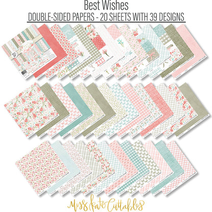 Best Wishes Paper & Sticker Kit, paper and sticker kit spread out image, showing 12x12 scrapbook paper and coordinating stickers for scrapbook layouts, photo albums, memory keeping, cards, and paper crafts. Buyer theme: Friendship & Celebration Scrapbook Paper & Sticker Kit. 12x12 floral paper and sticker kit. Visible artwork includes floral banners, sentiment labels, watercolor roses, ribbon bows. Coordinating patterns include botanical print, diamond lattice, gingham